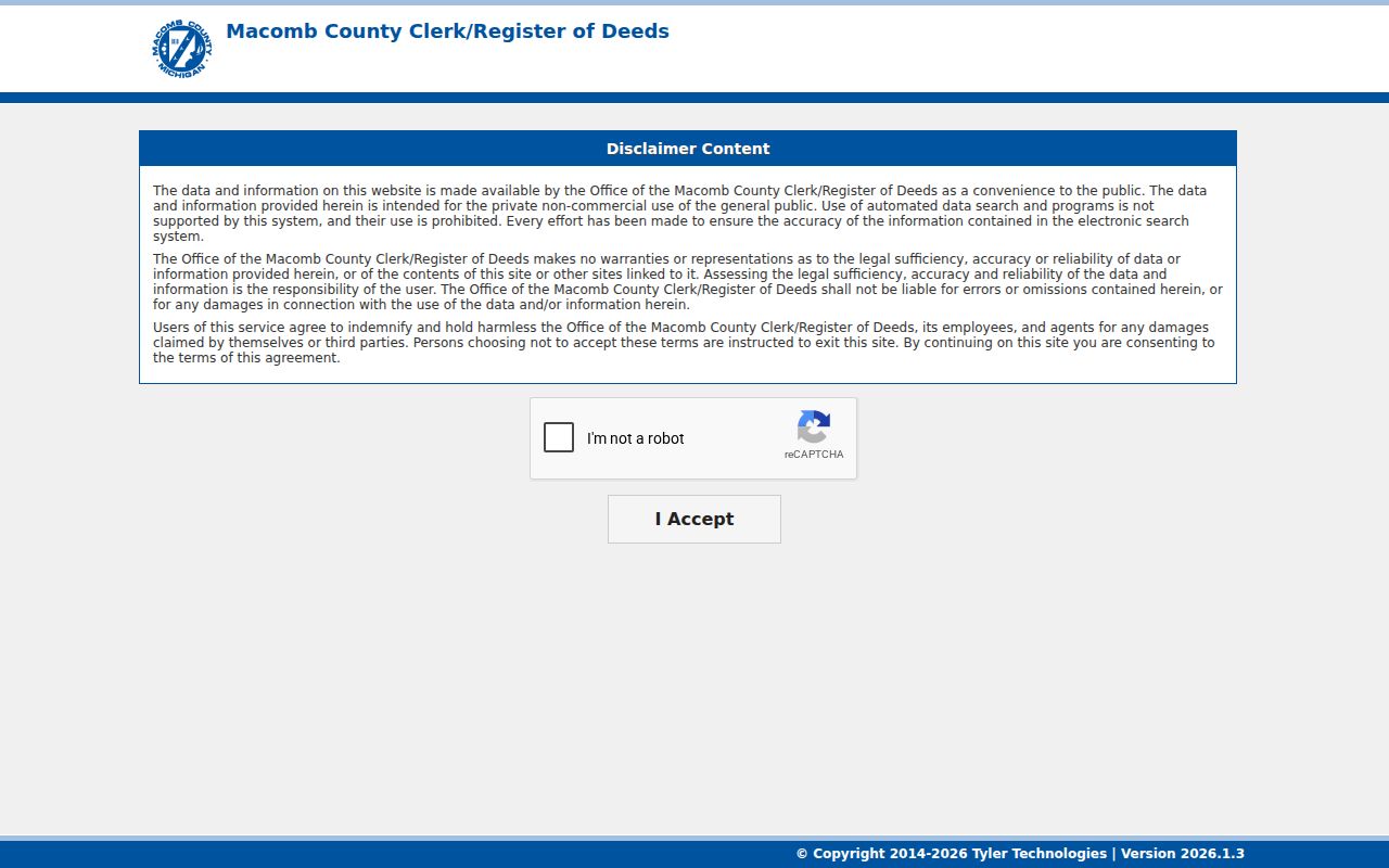 Macomb Township previous residents Tyler official recorded-document search screen