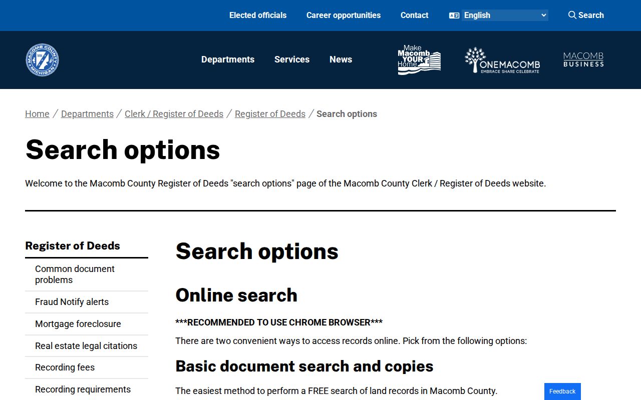 Macomb Township street directory Register of Deeds search options